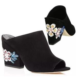 Tory Burch Floral Embroidered Block Heel Slide Sandals Black open toe size 6.5